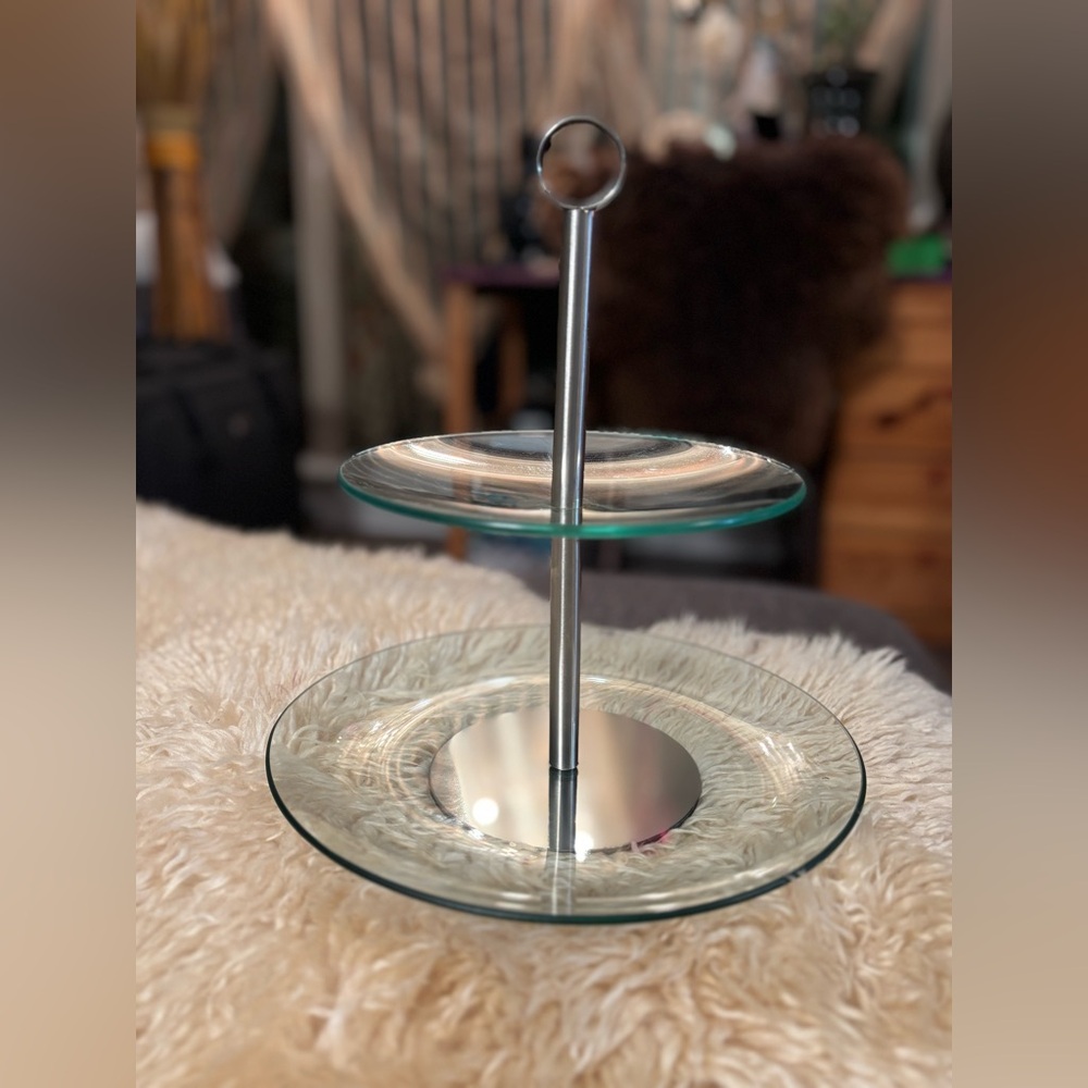 Minimalist Two-Tier Glass & Brushed Metal Serving Stand | Cupcake Display Tray